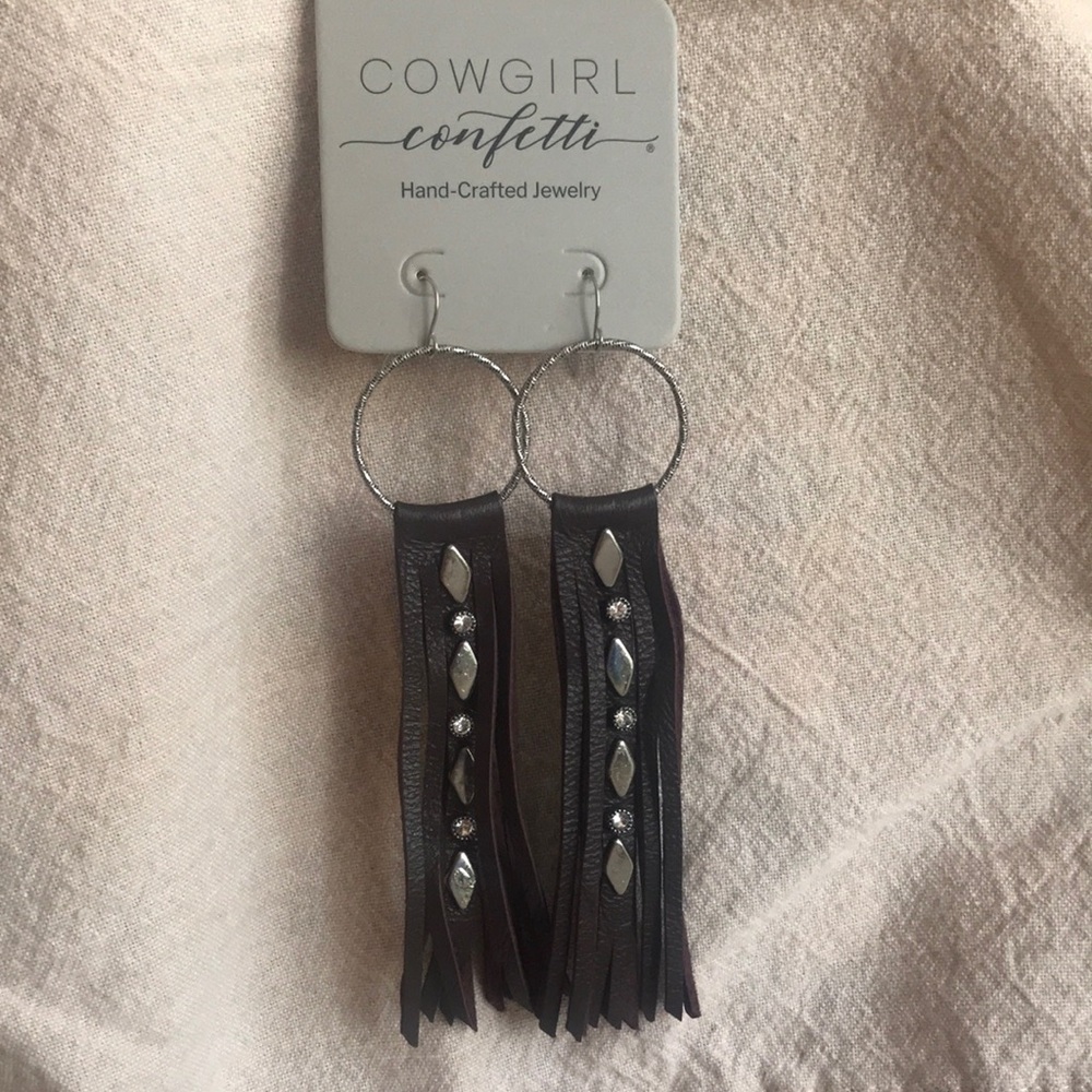 NWT~Brown Leather Fringe Earrings with Silver Accents
